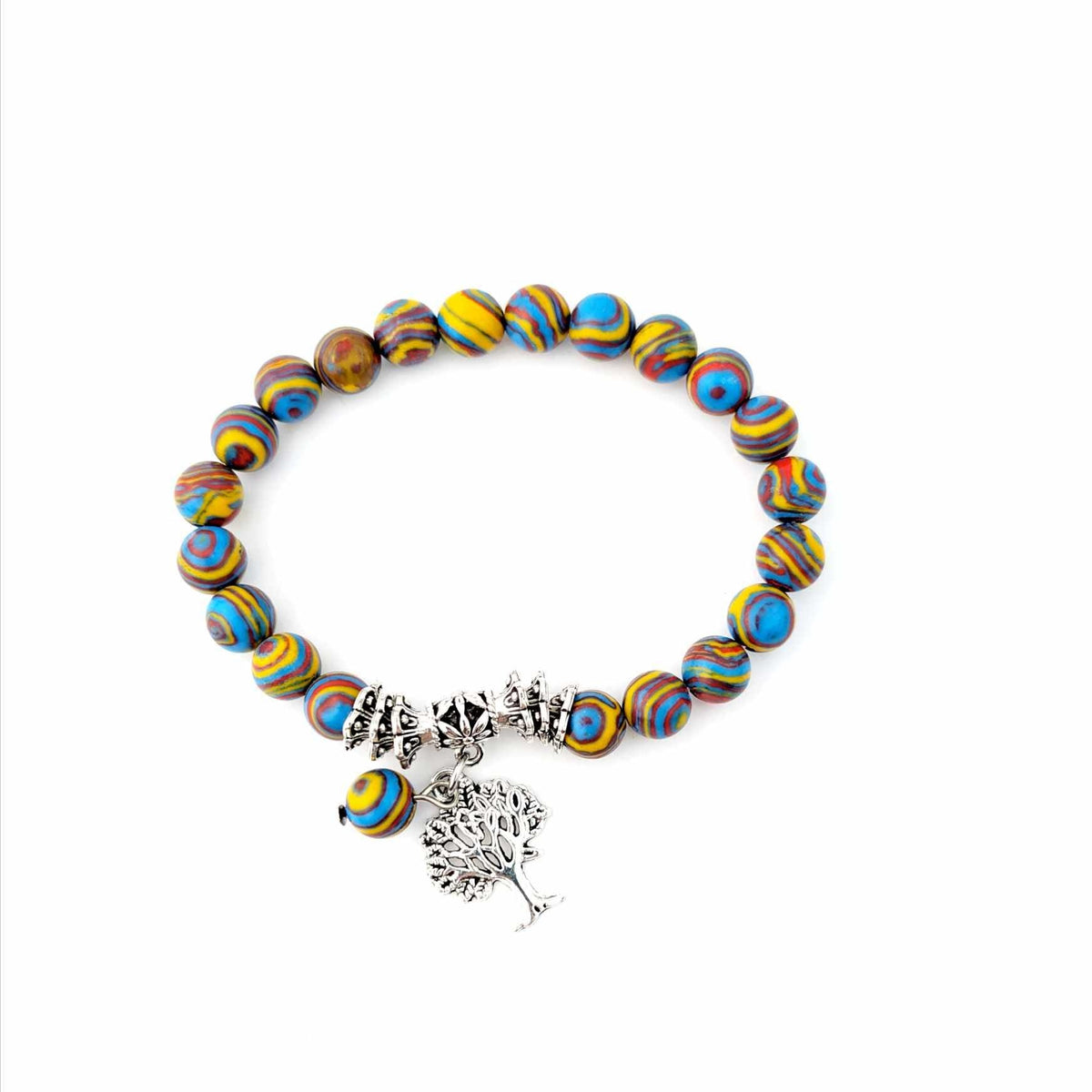 Pulseira Pedras Naturais Calsilica Arco-íris com Árvore da Vida, design vibrante simbolizando equilíbrio e crescimento espiritual.