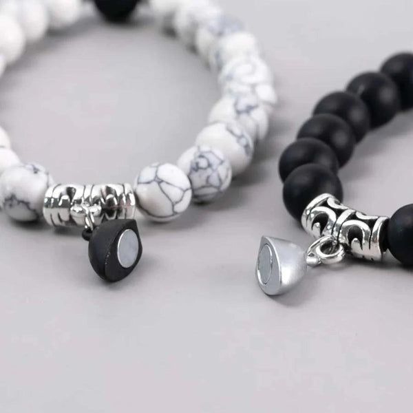Pulseira Pedras Naturais Magnéticas Casal, Yin Yang e Pedra Vulcânica, símbolo de equilíbrio e união para casais.